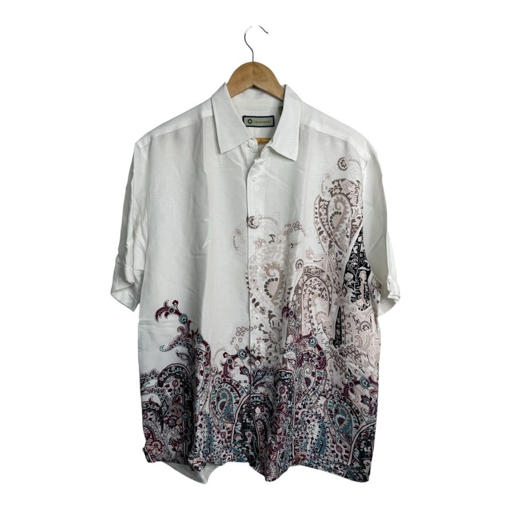 Havanera Men’s Linen Blend Button Down Colorful Paisley Camp Shirt Size XL Beach